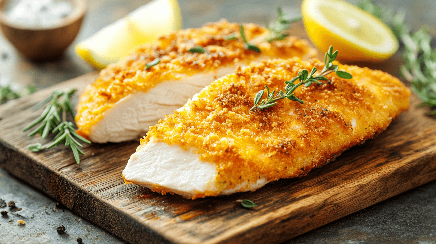 Perfectly roasted split chicken breast with crispy skin on a wooden cutting board, garnished with fresh herbs