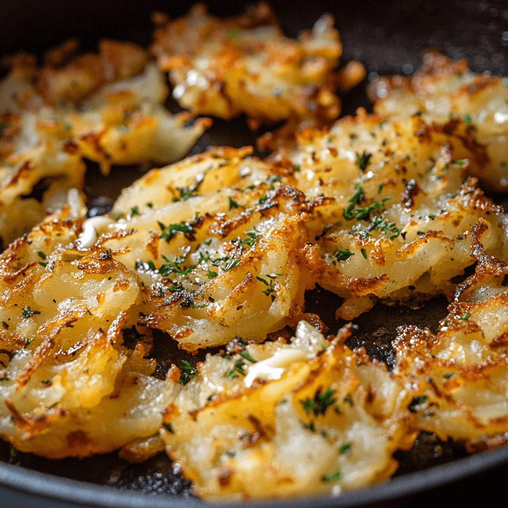 Hash browns frying in a cast-iron skillet.