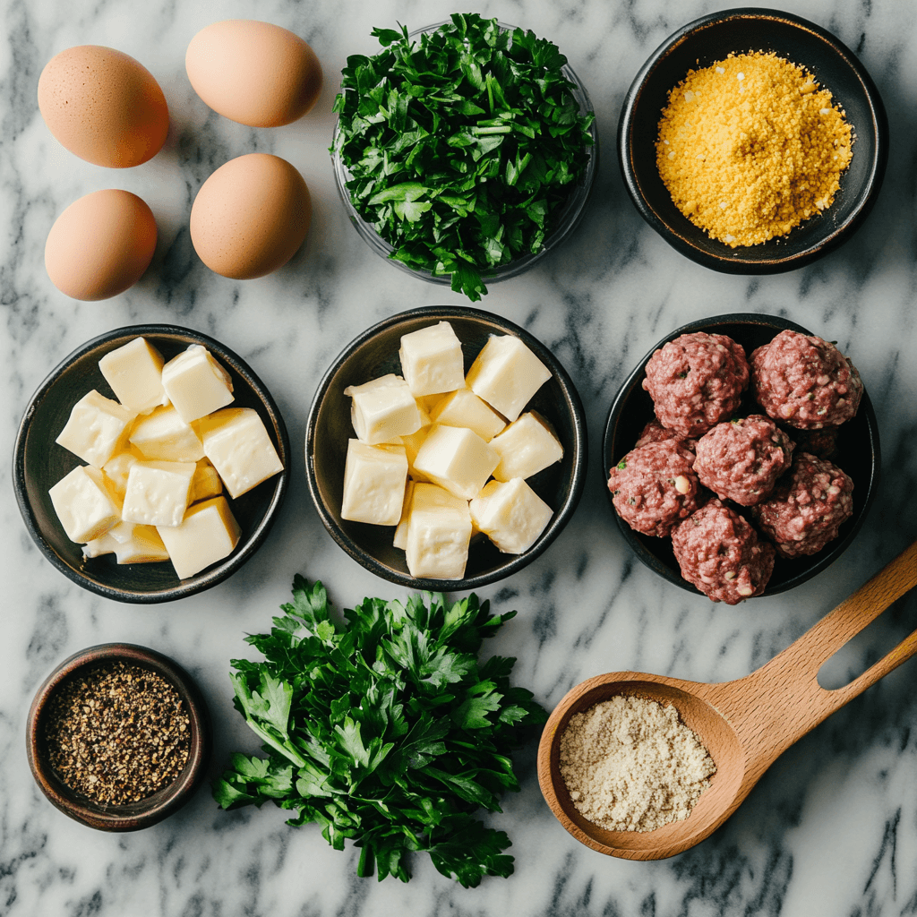 Ingredients for cheese stuffed meatballs, including ground meat, cheese cubes, breadcrumbs, eggs, and fresh herbs, arranged on a kitchen countertop.