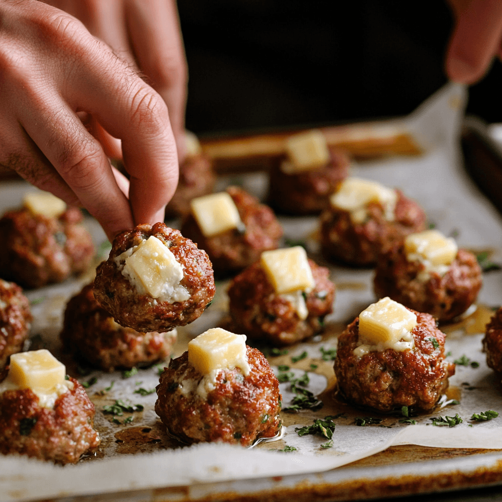 A step-by-step process showing hands forming meatballs with cheese stuffed inside, on a parchment-lined tray.