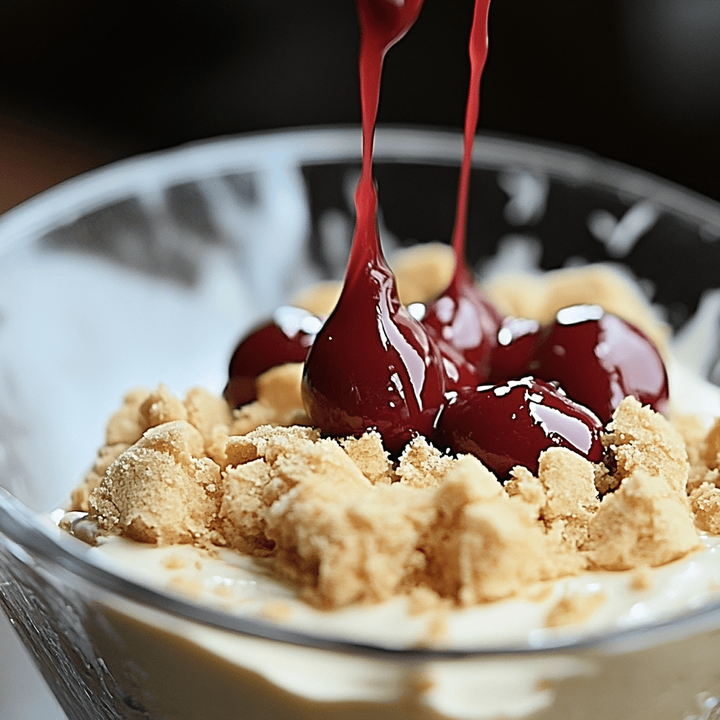 assembly process of Classic Cherry Delight, with layers being added to a dish.