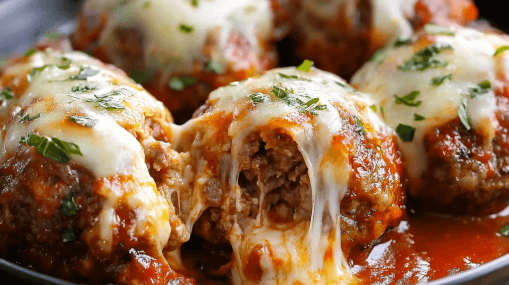 A close-up view of cheese stuffed meatballs with gooey cheese oozing out, served on a white plate with marinara sauce.