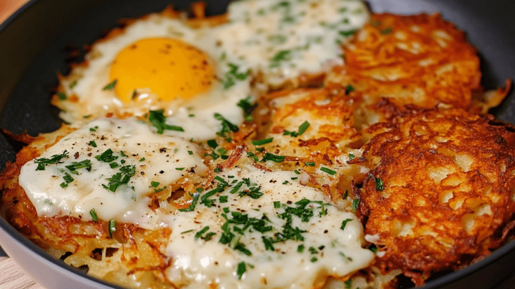 Crispy Parmesan Garlic Hash Browns served on a white plate.