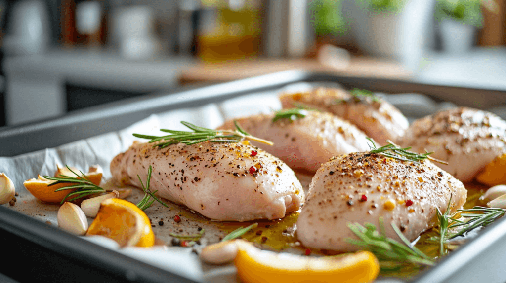 Step-by-step preparation of roasted split chicken breast with seasoning, placed on a baking tray ready for the oven.