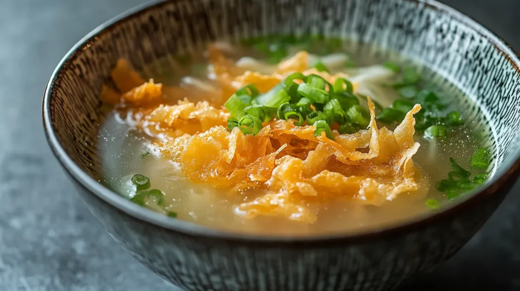 Bowl of wonton soup with crispy wonton strips on top.