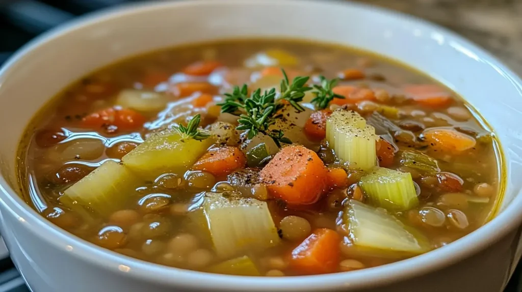 A hearty bowl of lentil soup with fresh garnishes