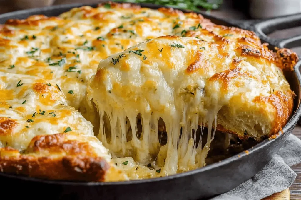 Cheesy garlic bread baked in a cast iron skillet with a slice being pulled away showing melty cheese stretching between pieces. The golden-brown top is garnished with fresh herbs.