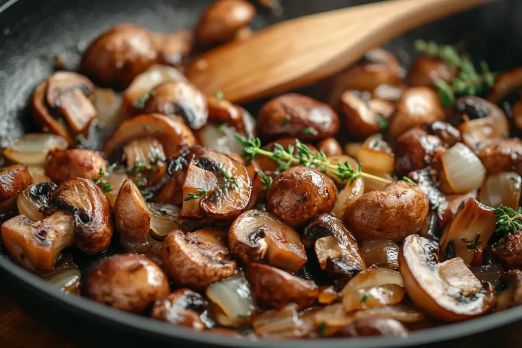 Sautéing mushrooms and onions until golden brown for Swiss mushroom melt